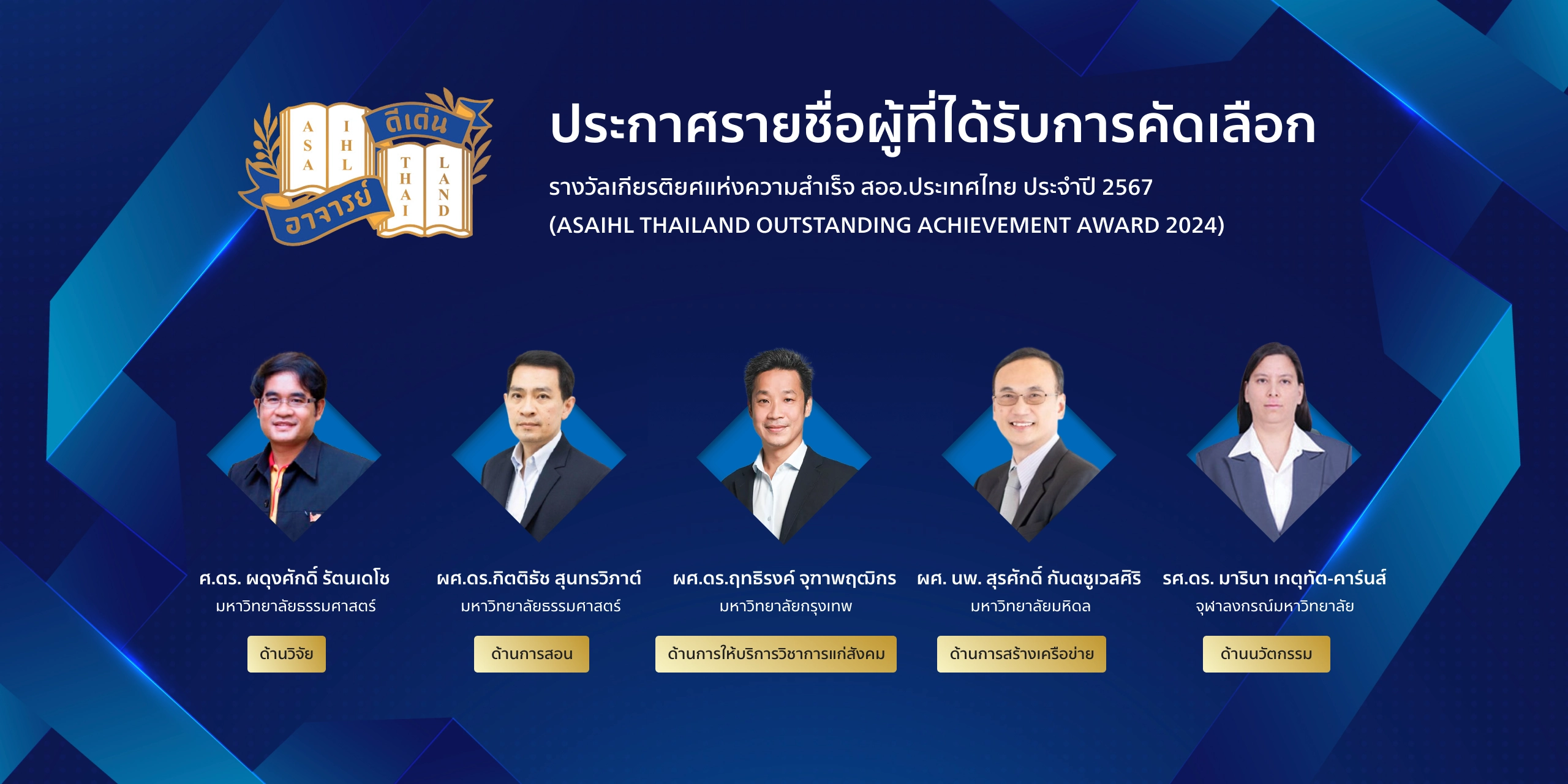 ประกาศรายชื่อผู้ได้รับการคัดเลือกรับรางวัล “โครงการรางวัลเกียรติยศแห่งความสำเร็จ สออ.ประเทศไทย ปี 2567” (ASAIHL THAILAND OUTSTANDING ACHIEVEMENT AWARD 2024)